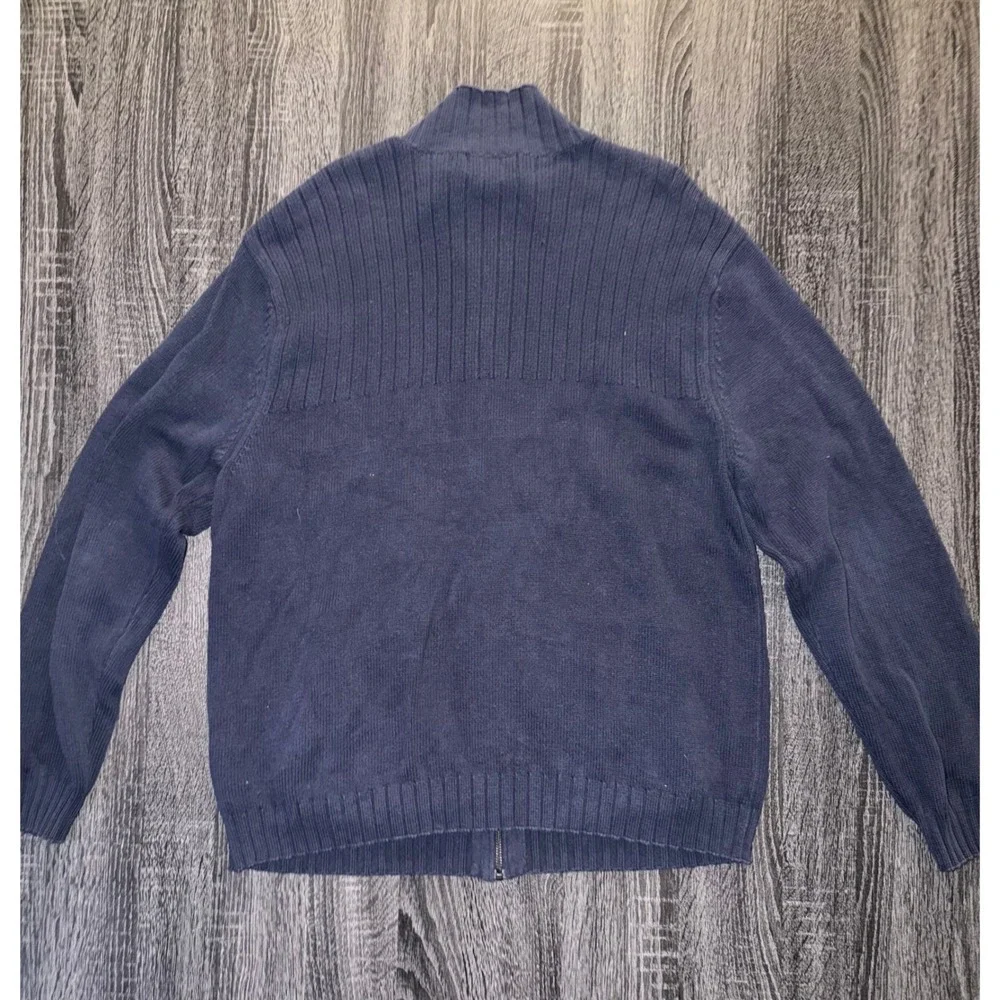Eddie Bauer Mens Large Navy Blue 100% Cotton Ribbed Full Zip Mock Neck Sweater